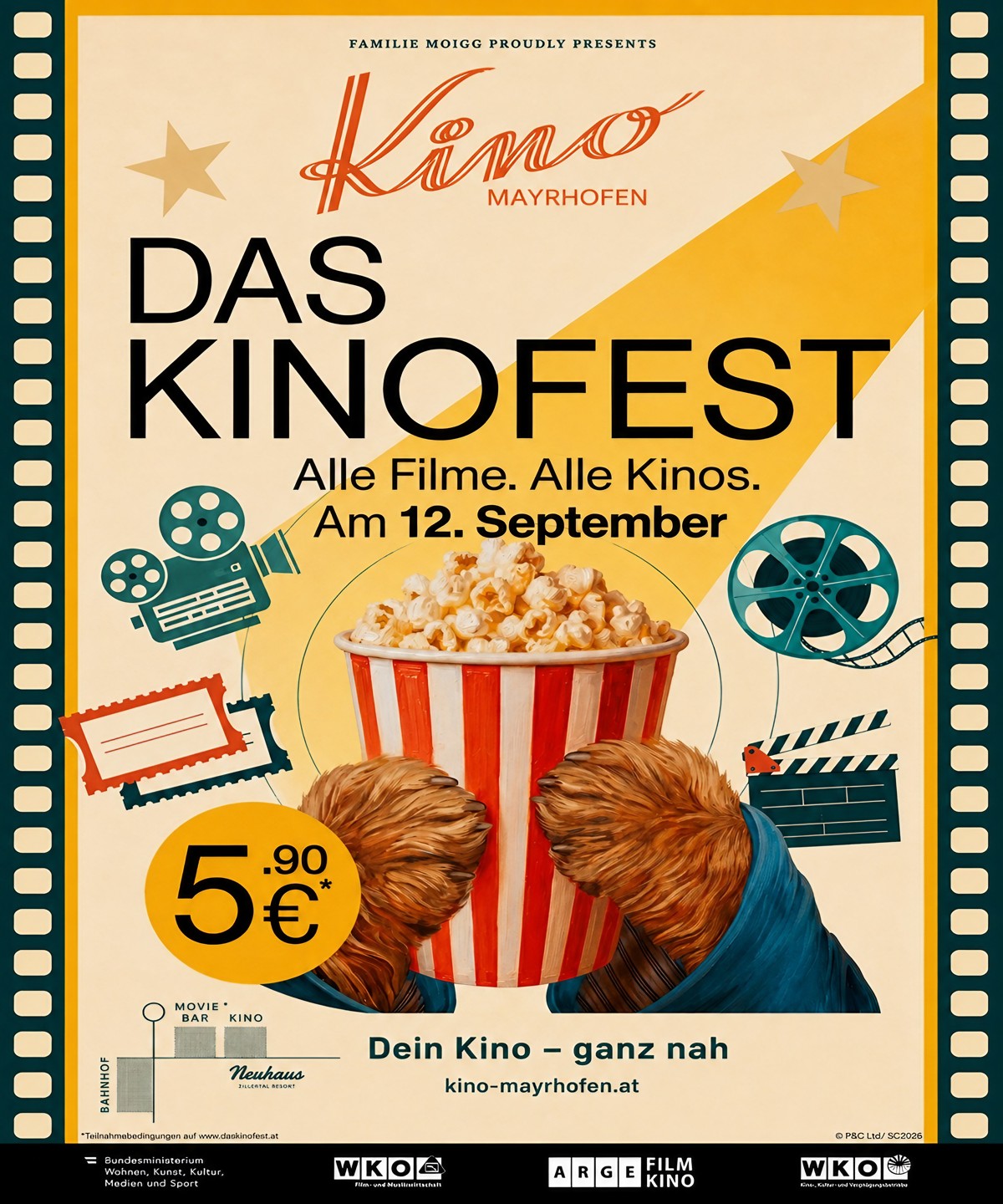 Poster for film festival with popcorn, film reels, and ticket price, in warm colors.
