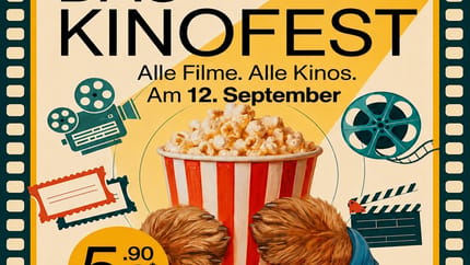 Poster for film festival with popcorn, film reels, and ticket price, in warm colors.
