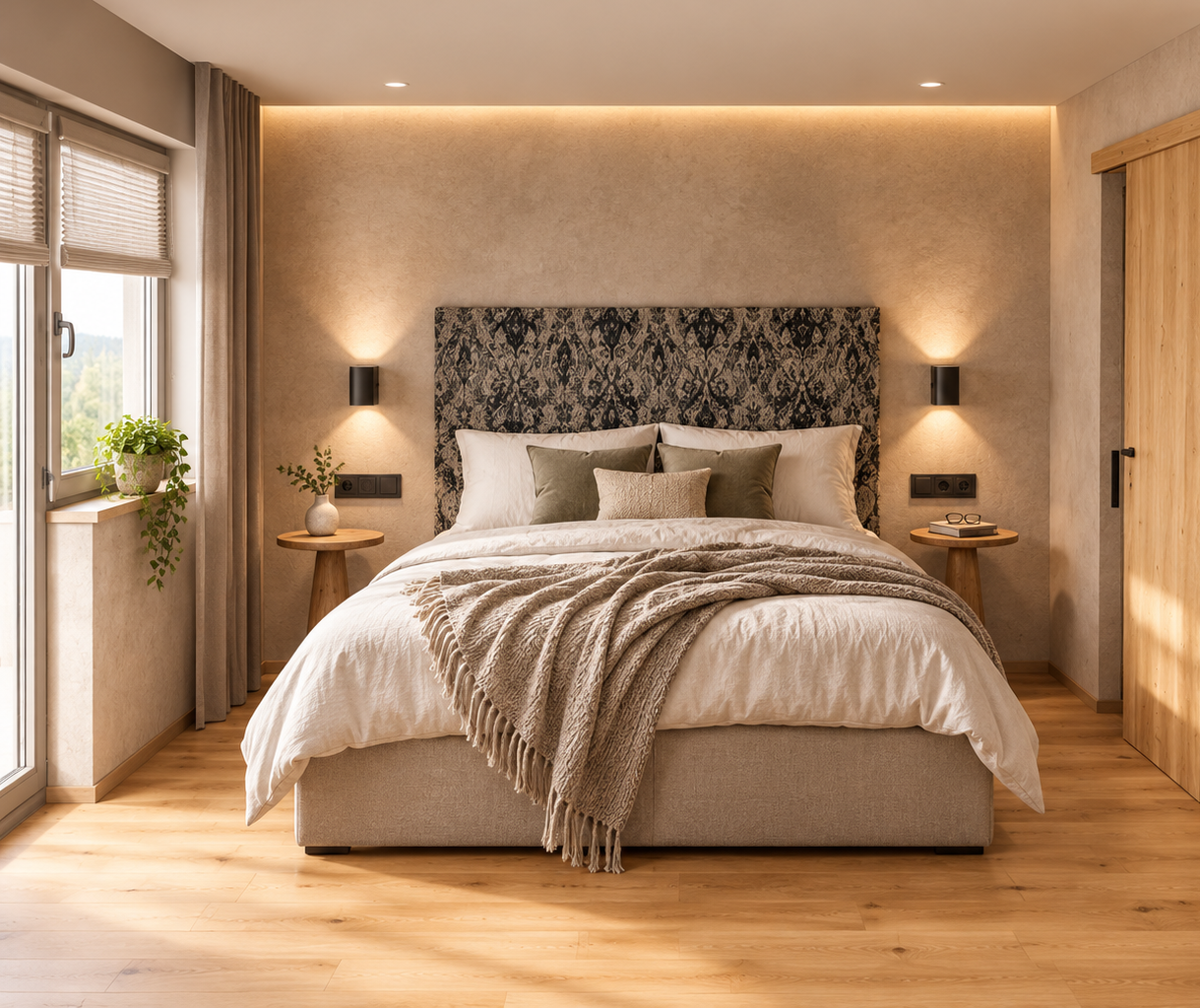 Gemütliches Schlafzimmer mit beige Bett, grünen Kissen, Holz-Nachttischen, Pflanzen und natürlichem Licht.