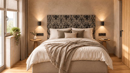 Gemütliches Schlafzimmer mit beige Bett, grünen Kissen, Holz-Nachttischen, Pflanzen und natürlichem Licht.