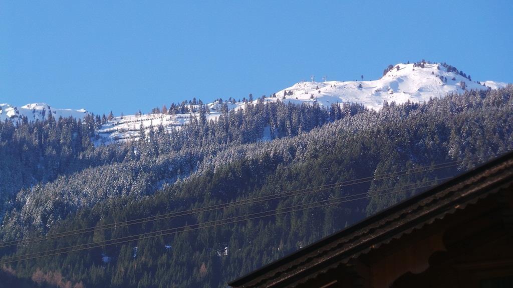 Mountain with snow-covered peaks and pine trees in the foreground, blue sky in the background.