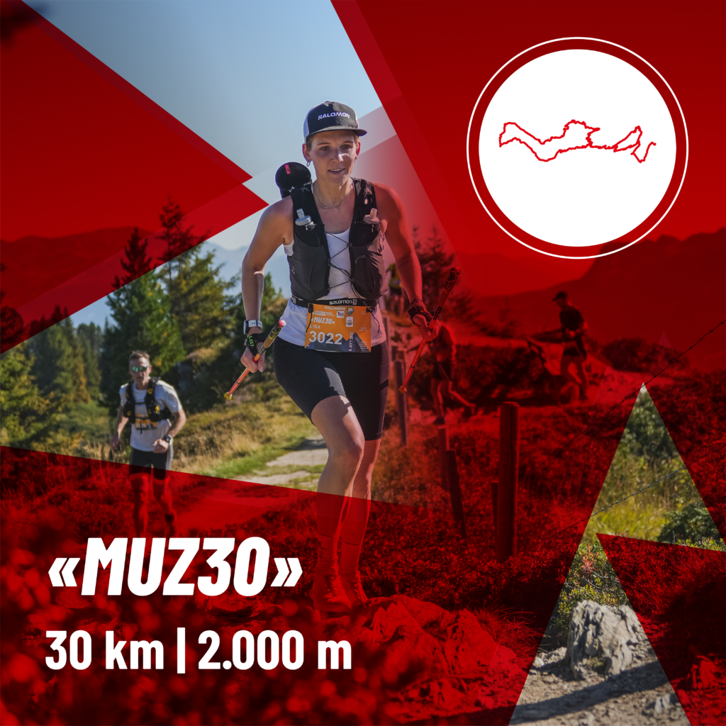 A trail runner with poles on the MUZ30 route in Mayrhofen, joined by other runners. The alpine landscape features mountains, forests, and meadows. Top right shows the logo with elevation profile and "30 km | 2,000 m". A sporting challenge in nature.