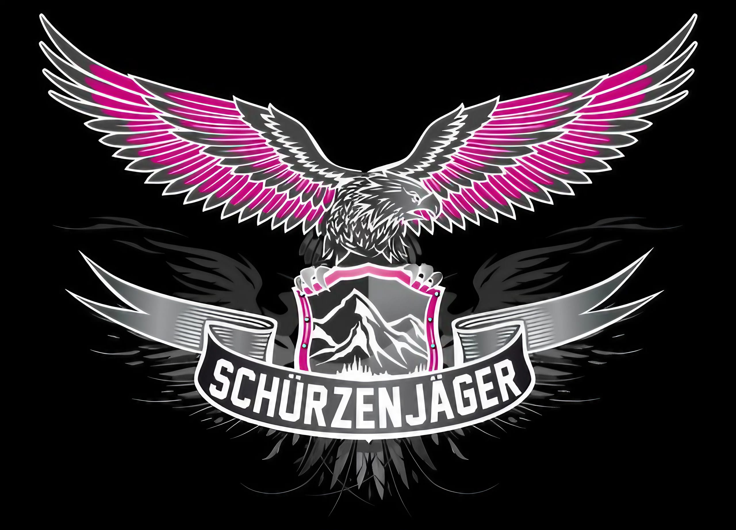 The image shows the logo of the Schürzenjäger – an eagle in pink and black, holding the Schürzenjäger coat of arms, set against a black background.
