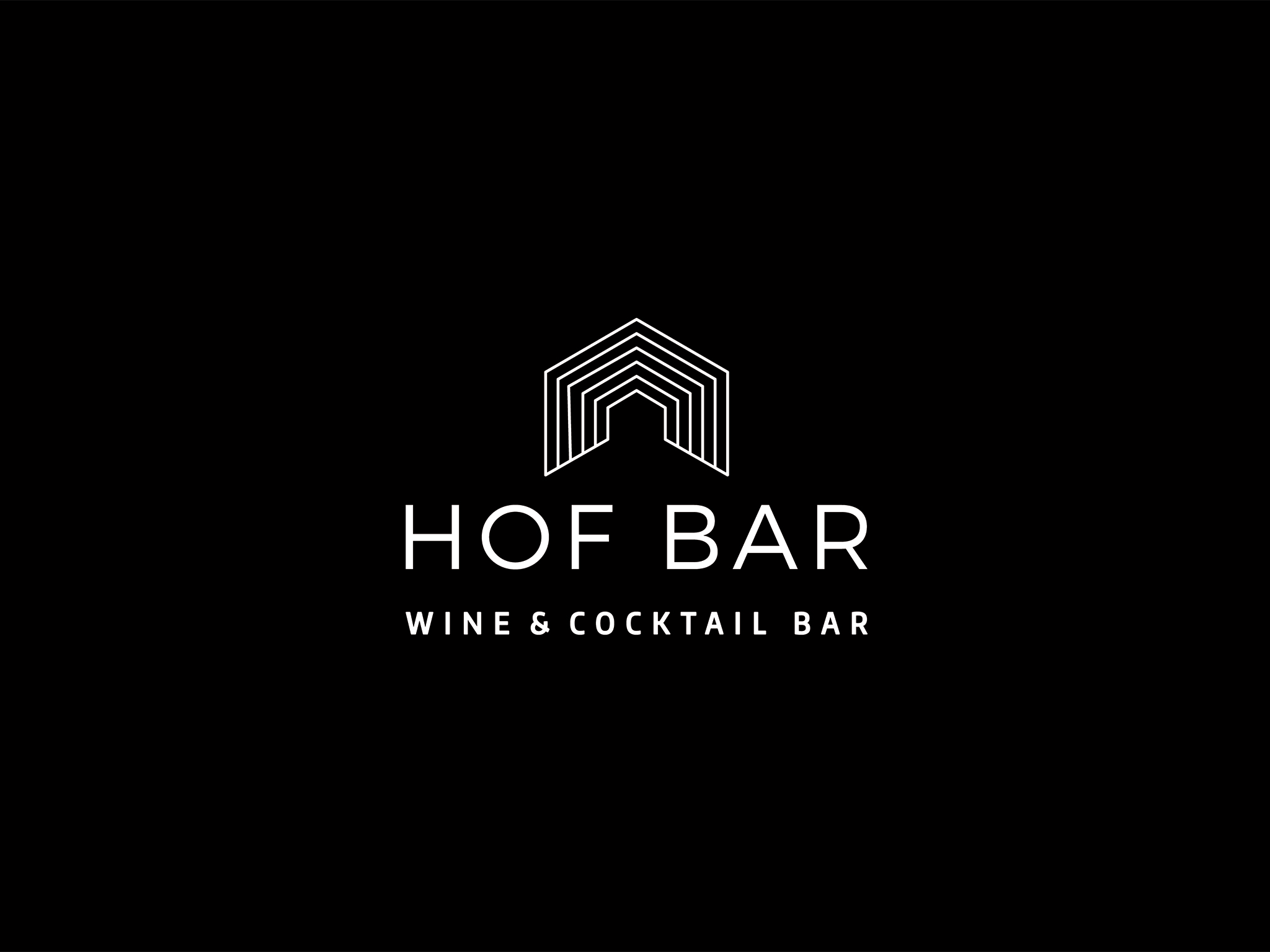 The logo of Hof Bar – Wine & Cocktail Bar features white, modern lettering on a black background. It has a clean, stylish, and timelessly elegant look