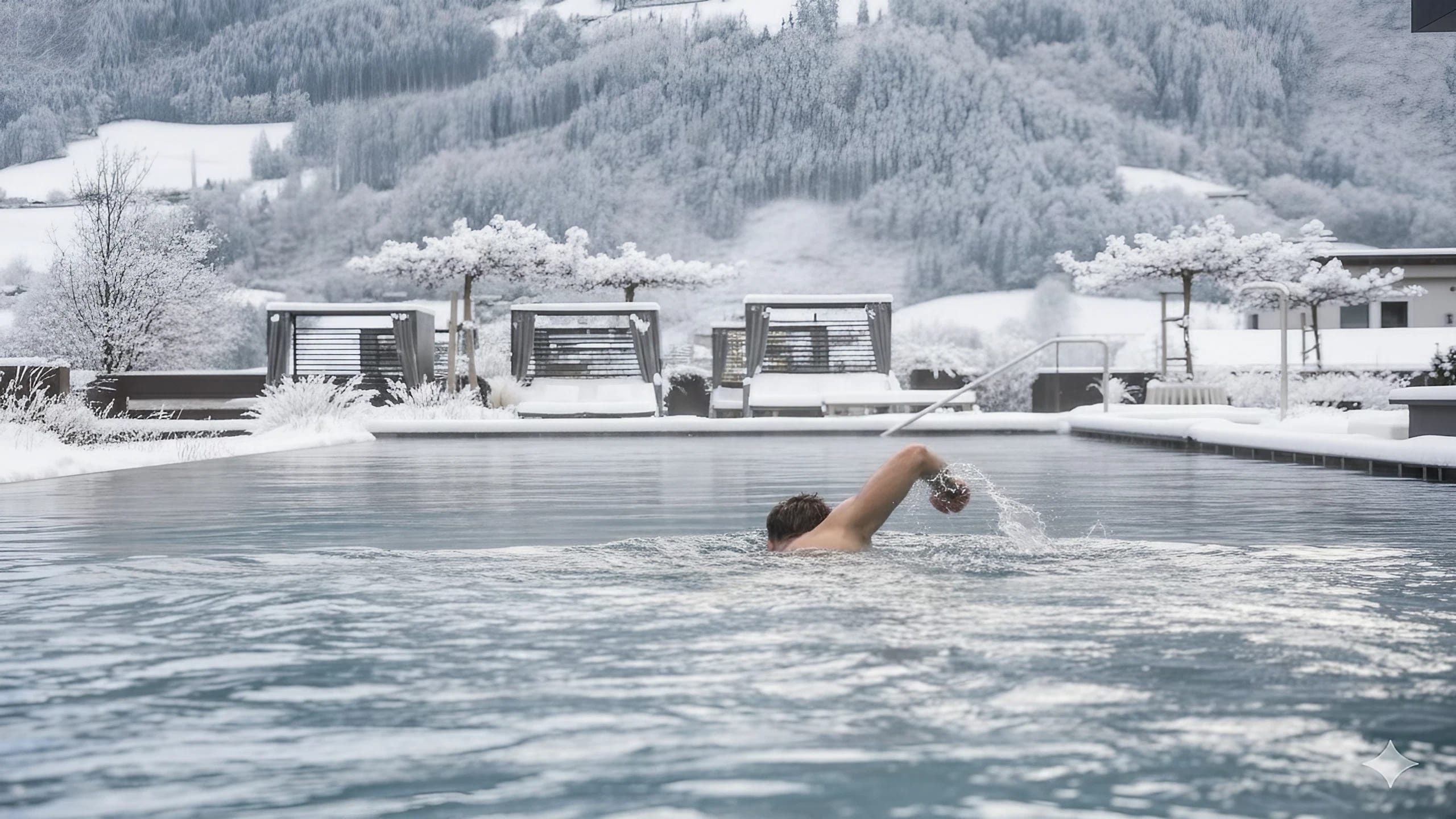 Schwimmer im Outdoor Pool von HELD - Hotel & SPA 4*S - Winter