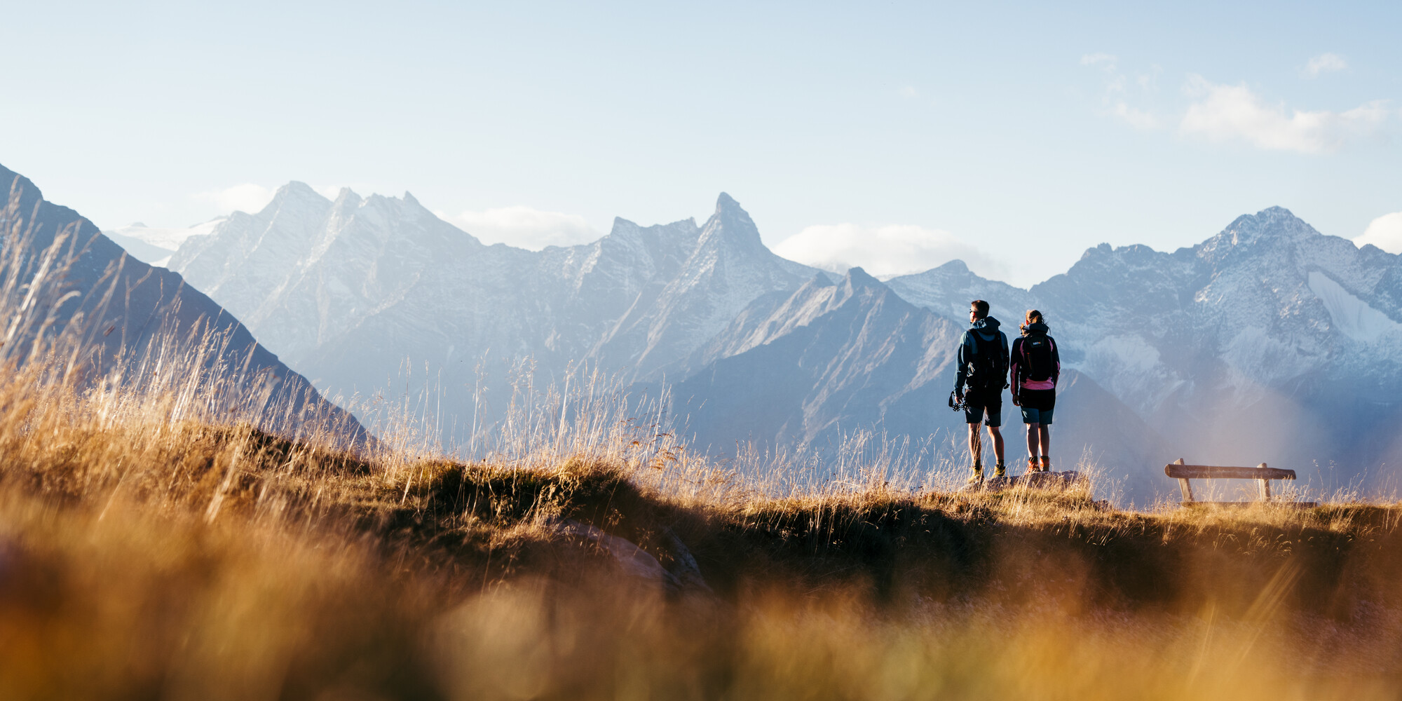 Zwei Wanderer genießen im Herbst die Aussicht vom Penkenjoch auf die Zillertaler Alpen. Goldene Gräser im Vordergrund und schneebedeckte Gipfel im Hintergrund.