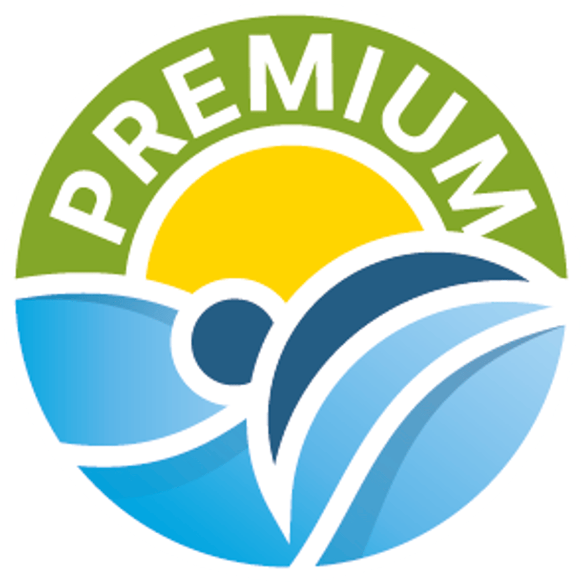 Schwimmbad Partner SOMMER PREMIUM Logo der Schwimmbad-Partnerbetriebe Premium in Mayrhofen: Rundes Emblem mit grĂźnem Schriftzug âPremiumâ Ăźber einer gelben Sonne und stilisierten blauen Wasserwellen â Symbol fĂźr exklusive UnterkĂźnfte mit kostenlosem Zugang zum Erlebnisbad Mayrhofen.