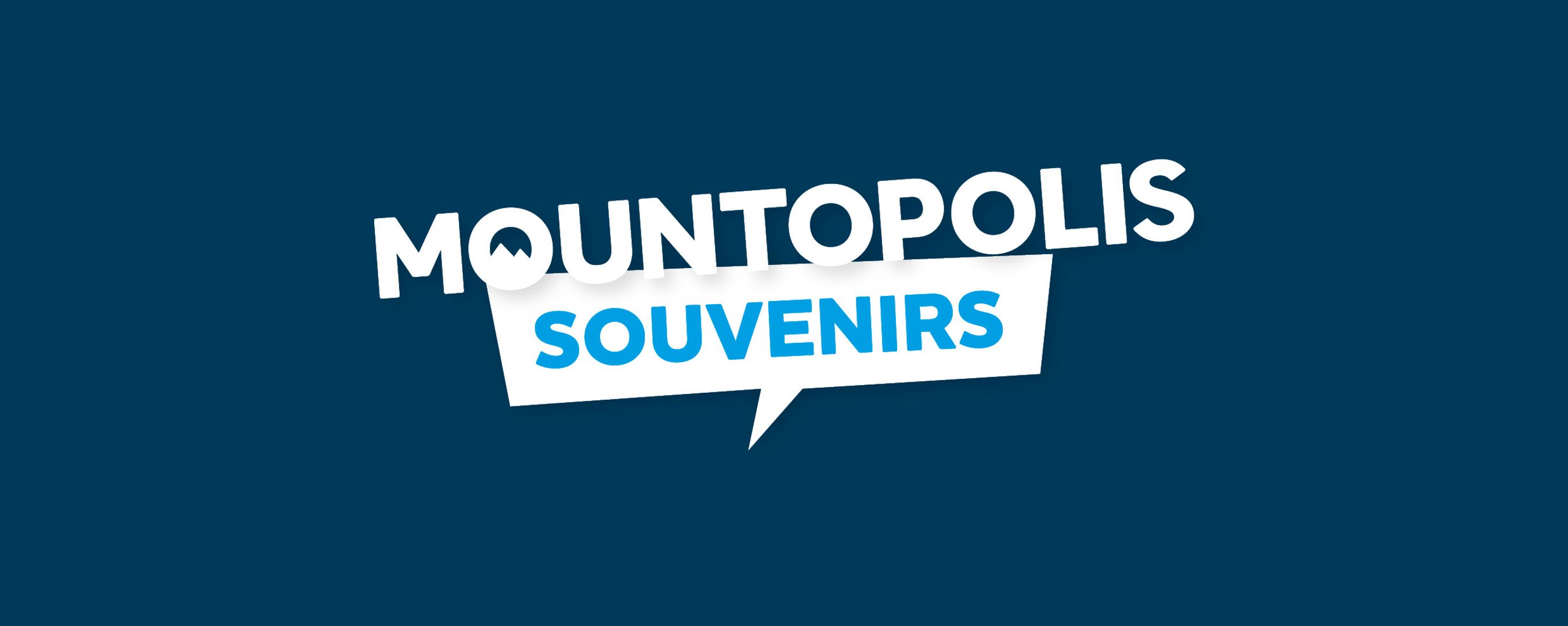 Blauer Hintergrund mit der Schrift Mountopolis Souvenirs