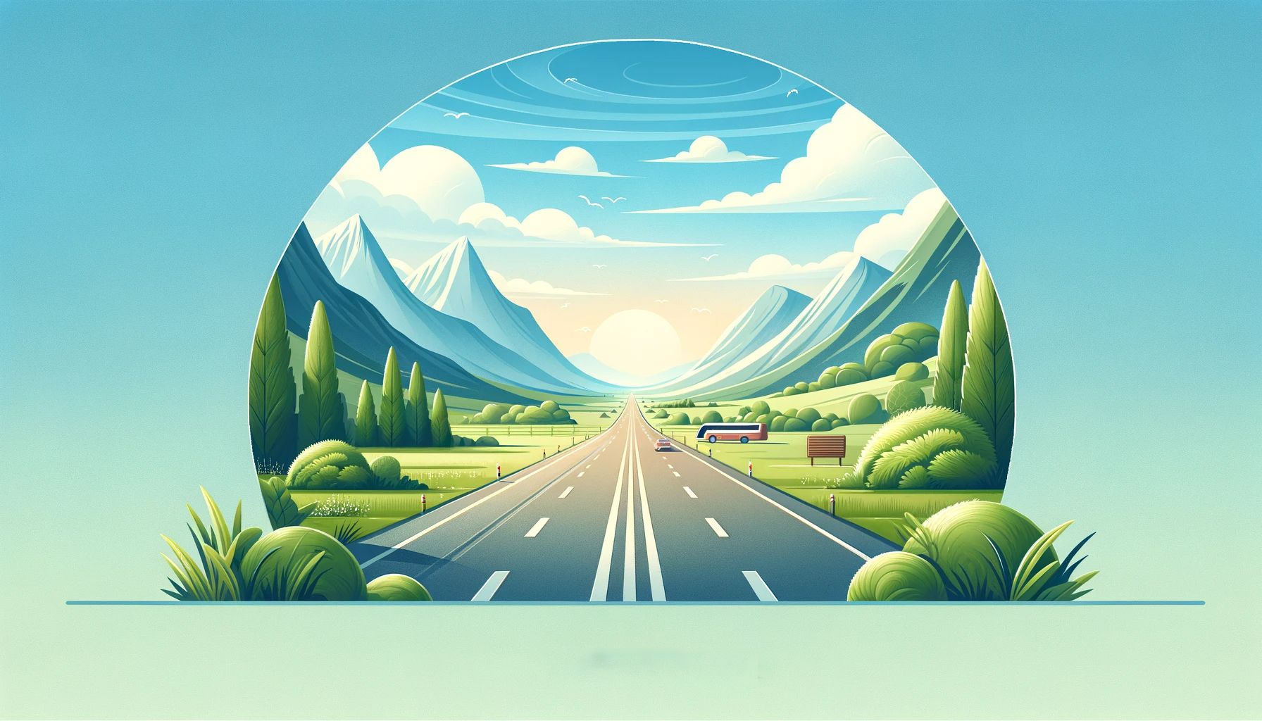 Stilisierte Illustration einer geraden Straße durch grüne Alpenlandschaft. Die Straße führt zwischen bewaldeten Hügeln hindurch zu schneebedeckten Bergen am Horizont. Symbolbild für Autoanreise nach Mayrhofen.