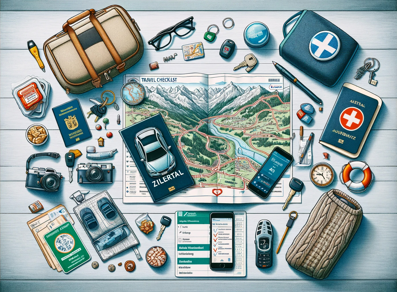 Reiseplanungsutensilien auf weißem Untergrund: Landkarte im Zillertal, Reisetaschen, Erste-Hilfe-Set, Kompass, Kamera, Smartphone, Reisepass, Sonnenbrille und weitere Reiseaccessoires. Symbolbild Reisevorbereitung.