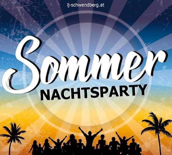 The image shows the flyer for the summer night party of LJ Schwendberg, featuring a blue and yellow background along with silhouettes of palm trees and people at the bottom of the flyer.