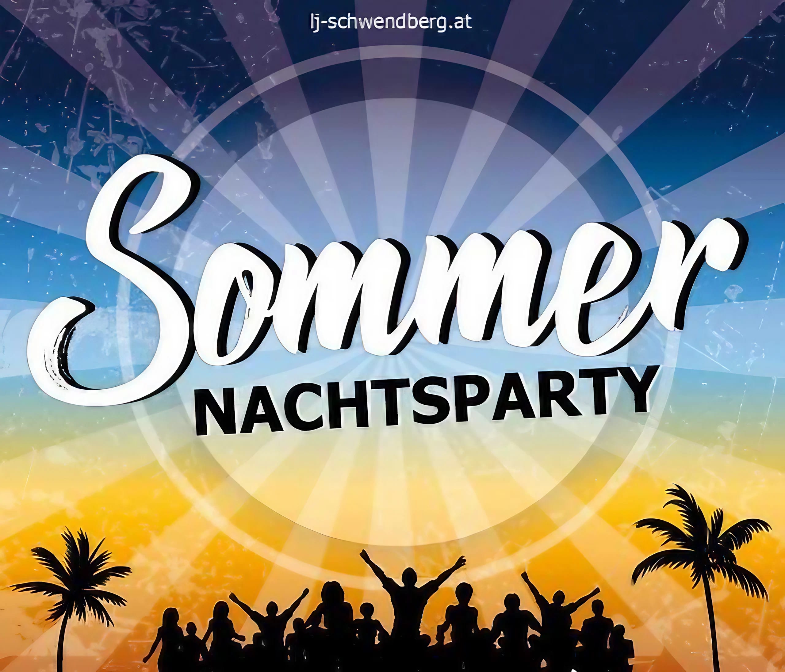 The image shows the flyer for the summer night party of LJ Schwendberg, featuring a blue and yellow background along with silhouettes of palm trees and people at the bottom of the flyer.