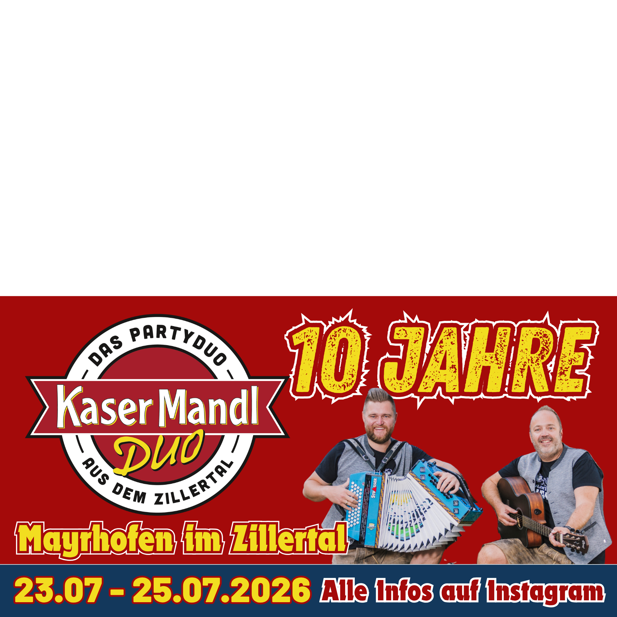 Das Plakat zeigt das Kaesrmandl Duo mit zwei Männern, die Musik spielen, und Text zu einem Event im Zillertal.