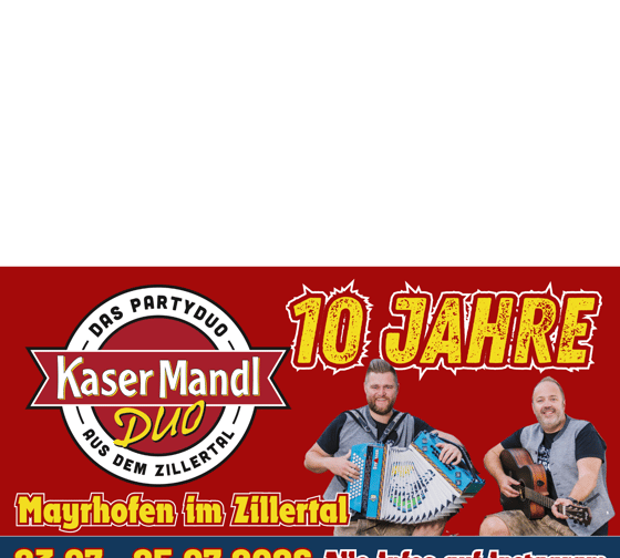 Das Plakat zeigt das Kaesrmandl Duo mit zwei Männern, die Musik spielen, und Text zu einem Event im Zillertal.