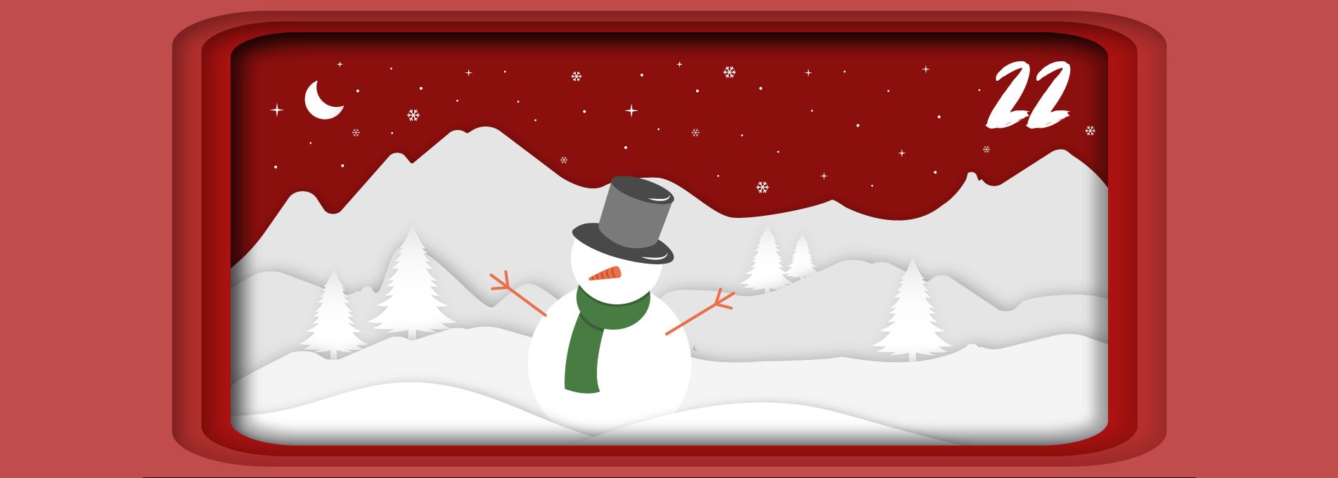 Ein Schneemann mit einem schwarzen Hut und grüner Schal steht vor schneebedeckten Bergen und Tannenbäumen.