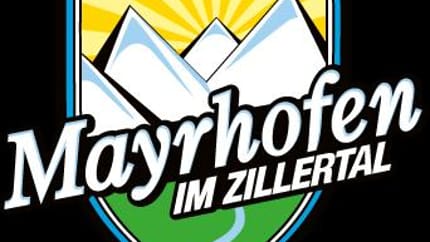 Wappen mit Bergen, Sonne, grüner Wiese und dem Text 'Mayrhofen im Zillertal'.
