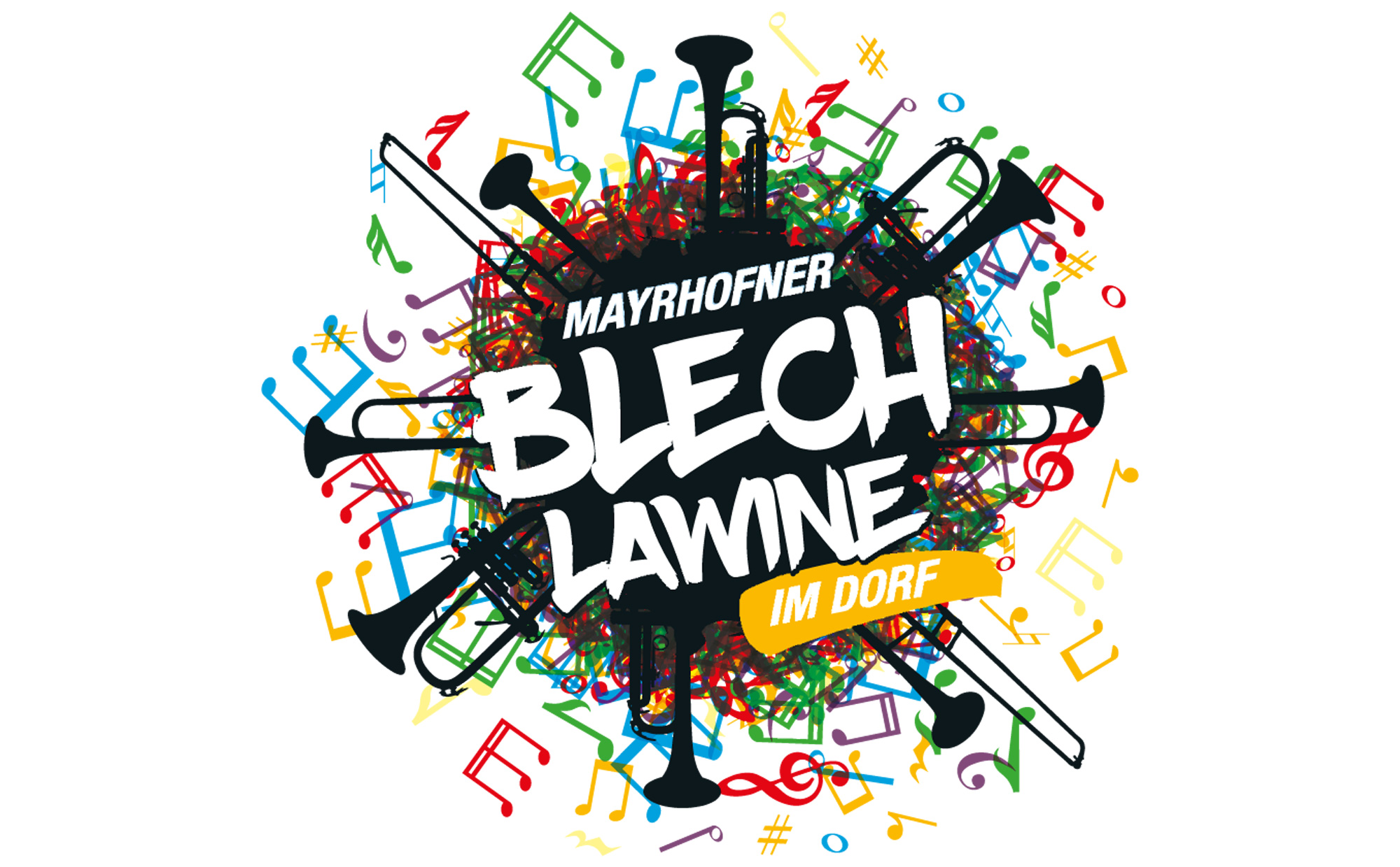 The picture shows the logo of the Mayrhofner Blechlawine in the village. A circle with colourful notes in the middle and black instruments. White lettering.