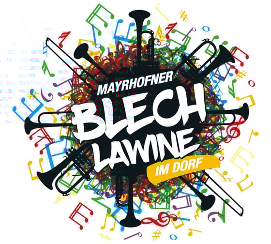 The picture shows the logo of the Mayrhofner Blechlawine in the village. A circle with colourful notes in the middle and black instruments. White lettering.