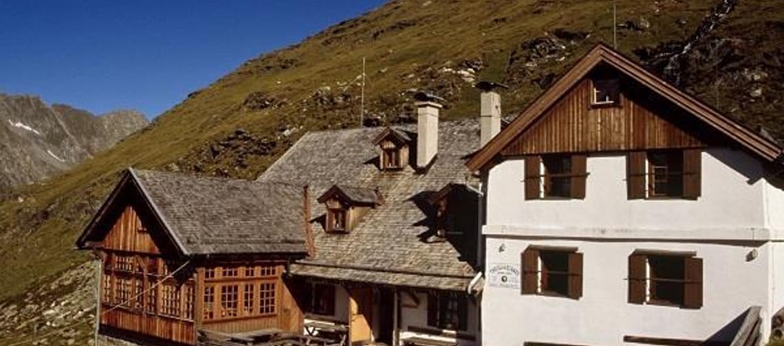 Chalets with wooden facades and chimneys on a green mountain under clear blue sky.