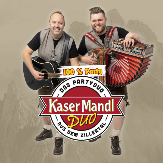 Two men with instruments, smiling, with a Kasermandl Duo logo in front. Neutral background, lively vibe.