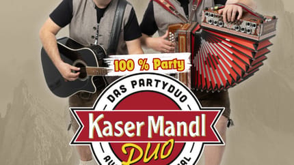 Two men with instruments, smiling, with a Kasermandl Duo logo in front. Neutral background, lively vibe.