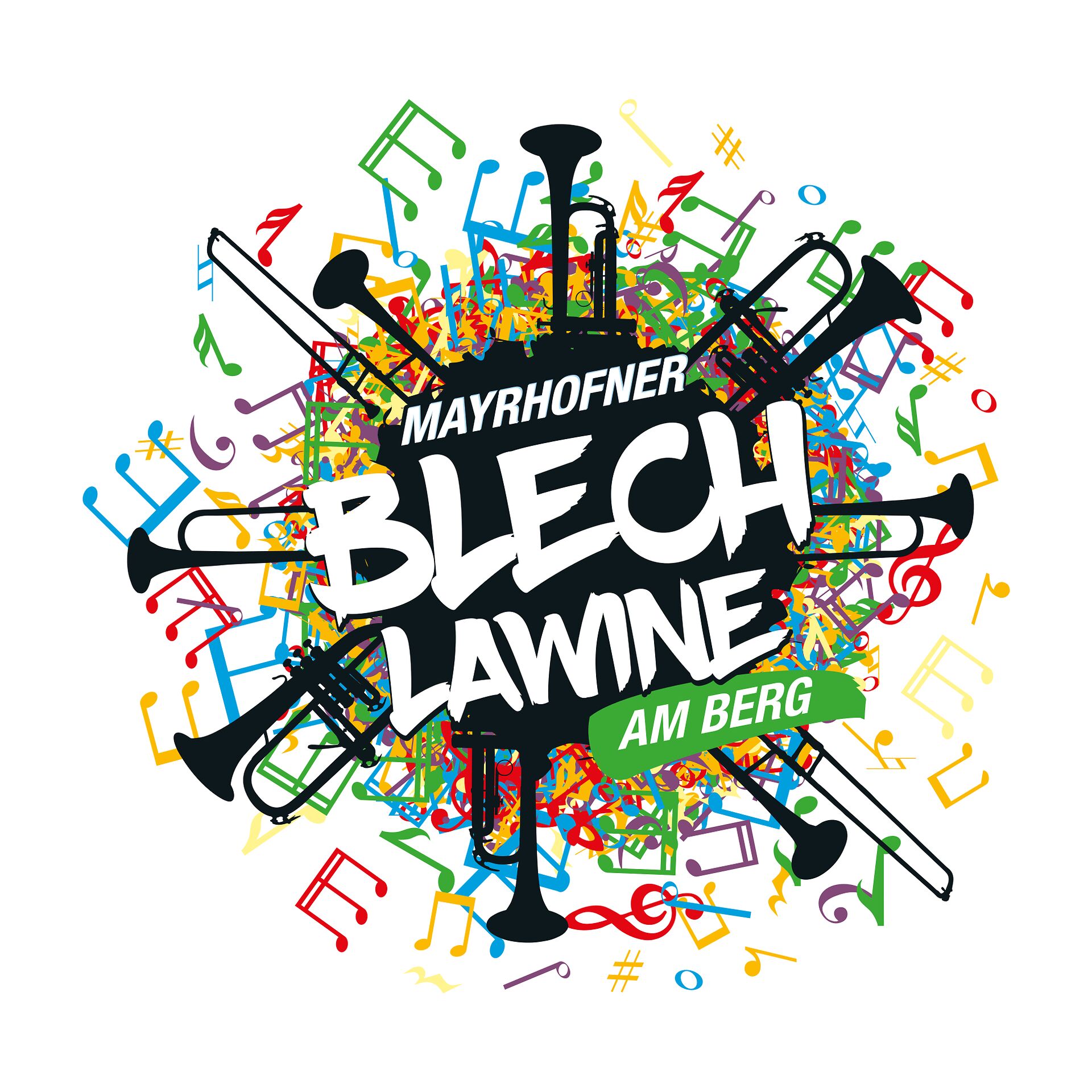 Das Bild zeigt einen weißen Schriftzug Blechlawine am Berg. Ein runder Hintergrund mit bunten Noten und schwarzen Instrumenten.