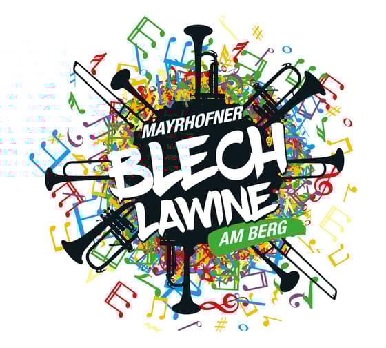 Das Bild zeigt einen weißen Schriftzug Blechlawine am Berg. Ein runder Hintergrund mit bunten Noten und schwarzen Instrumenten.