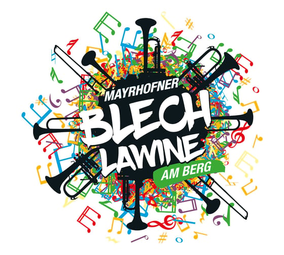 The picture shows the white lettering ‘Blechlawine’ on a mountain. It has a circular background featuring colourful musical notes and black instruments.