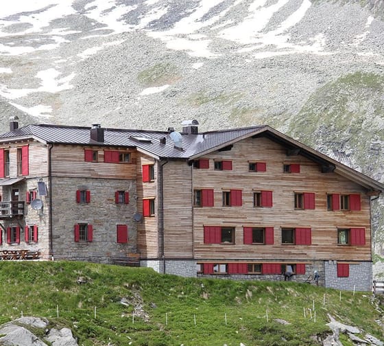 A multi-story mountain house with wooden exterior, red shutters, and green grass in front of a snowy mountain.