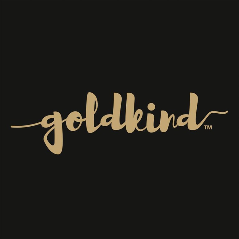 The logo of Goldkind has a black background with golden, flowing script that looks elegant and sophisticated.