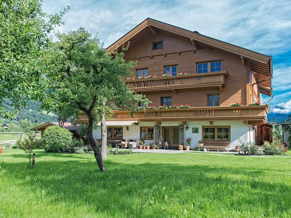 Mehrstöckiges Haus mit Holzfassade, Balkon und Garten mit Baum und grünem Rasen, bei blauem Himmel.