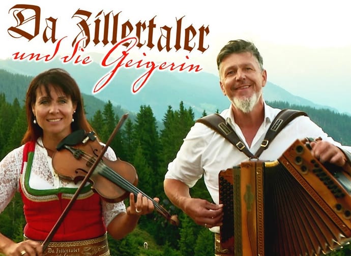 The image shows the group ‘Da Zillertaler und die Geigerin’ with their instruments.