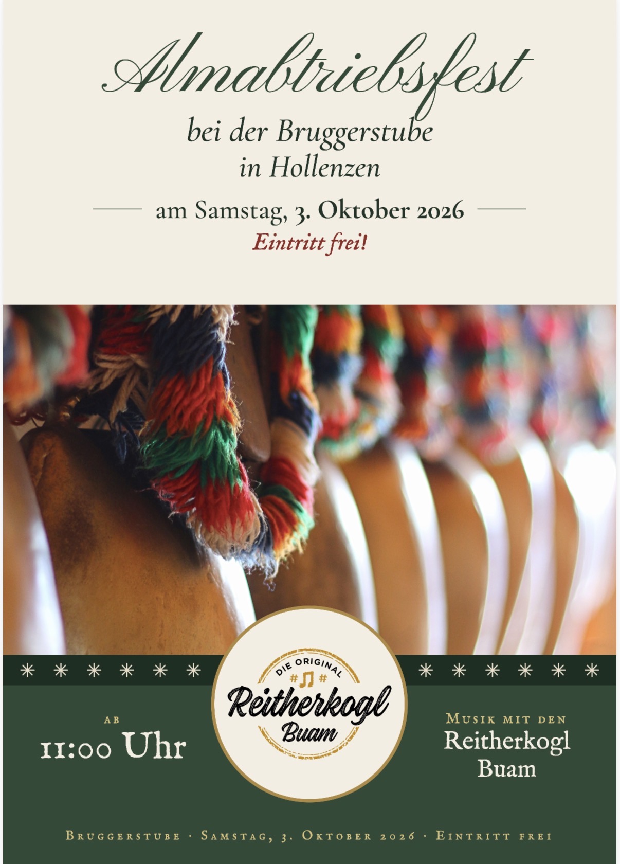 mys-Almabtriebsfest bei der Bruggerstube-Creme grünes Plakat mit Teil von Glocken