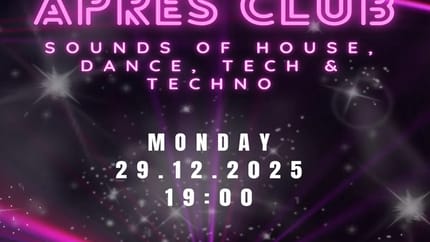 The picture shows the flyer for the Apres Club at the Schlittenstadl in pink and white lettering on a dark background.