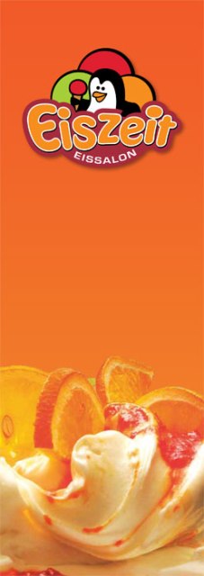 Das Logo von Gelateria Del Corso ist orange und zeigt oben einen Pinguin, der ein Eis in der Hand hält. Das Design wirkt verspielt und lädt zum Genießen ein.