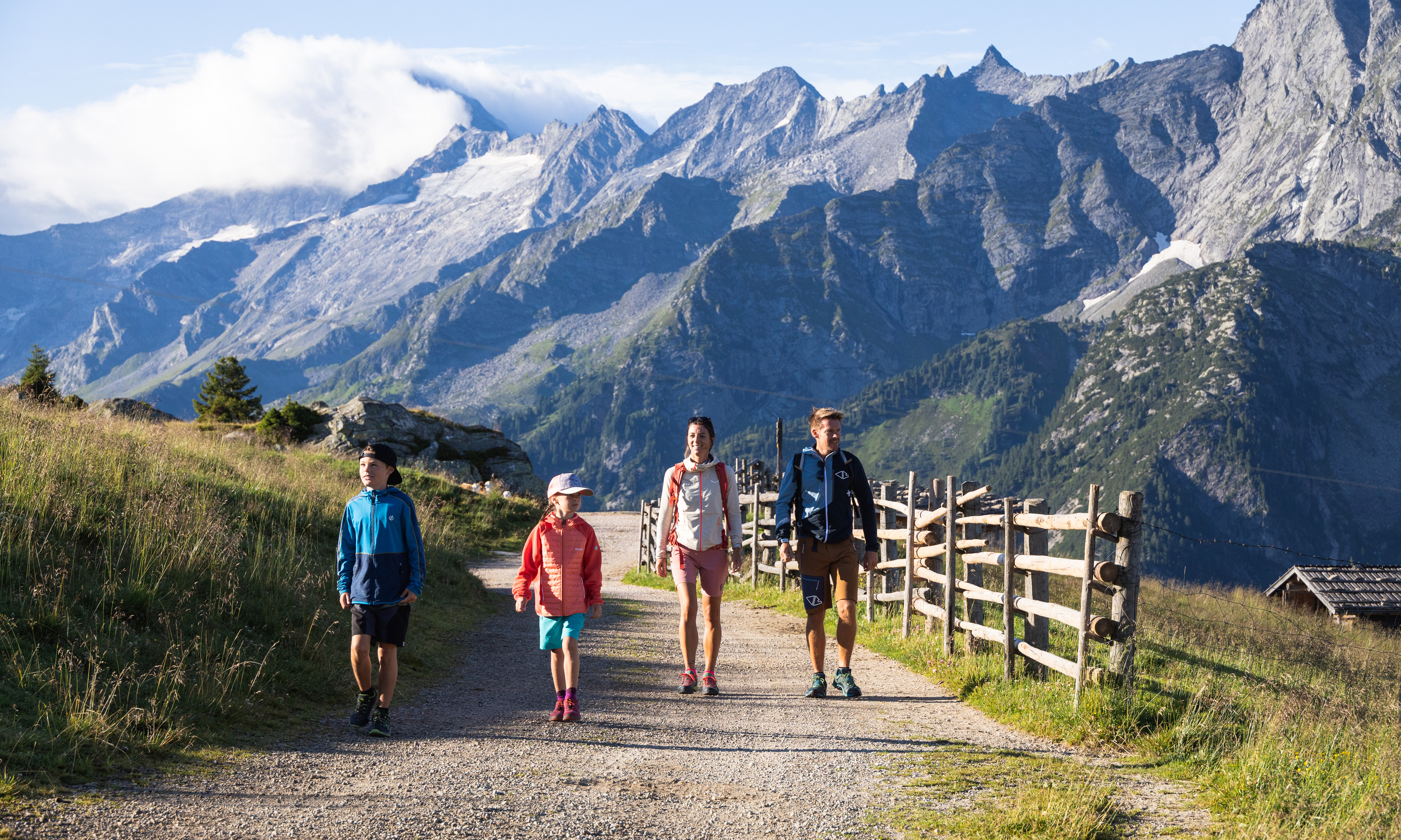 Family hiking on Mount Ahorn with Alpine panorama in Mayrhofen, Tyrol.