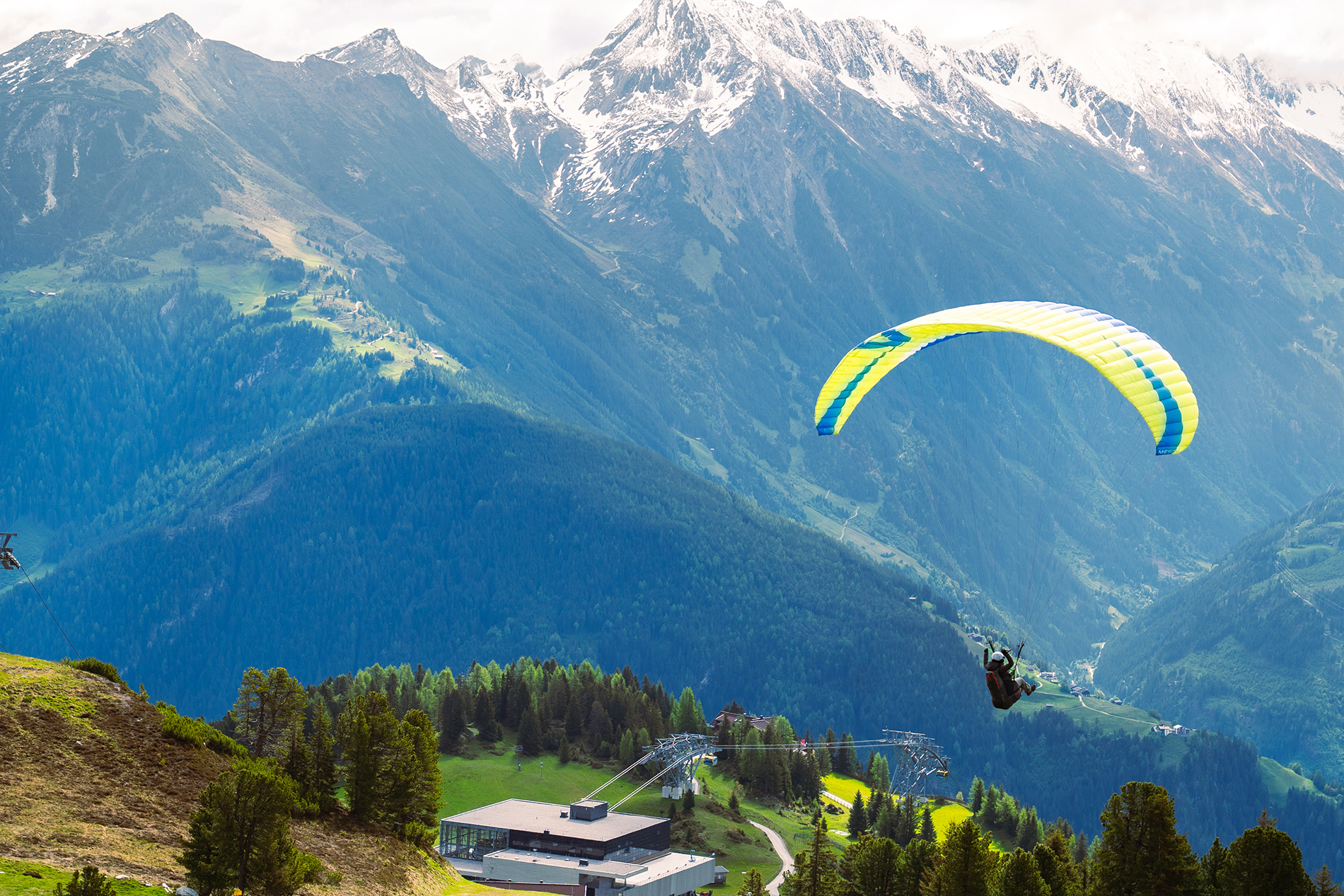 Paraglider taking off from Penken in Mayrhofen