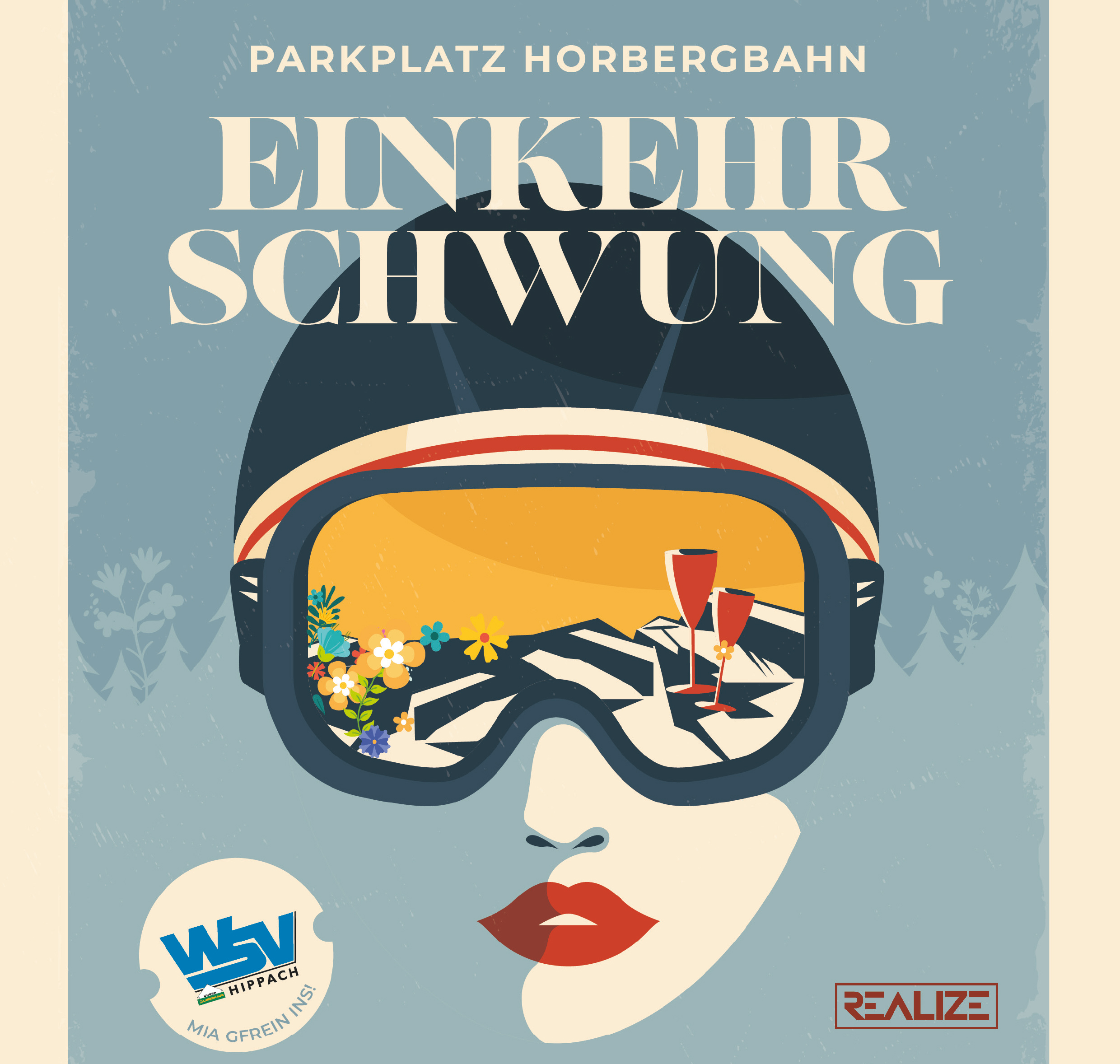 Das Bild zeigt ein stilisiertes Gesicht mit Skibrille, in deren Gläsern eine Après-Ski-Szene mit Blumen, Sonnenliegen und Sektgläsern reflektiert wird.