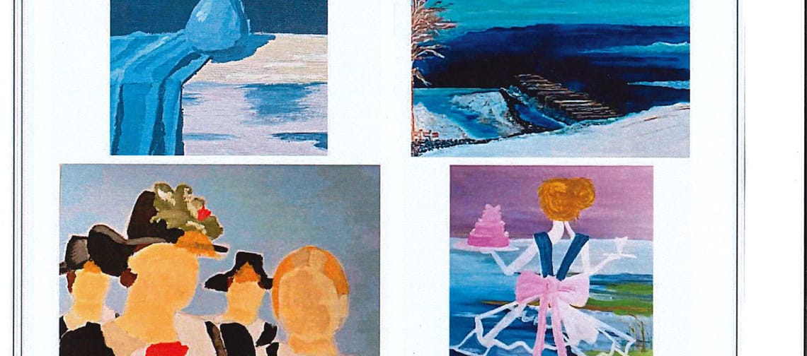 Plakat mit Titel „BUNTE VIELFALT – Ausstellung & Vernissage“. Vier farbige Gemälde sind abgebildet. Infos zu Künstlerinnen, Terminen im März 2026, Ort Gemeinde Ramsau, Eintritt frei.