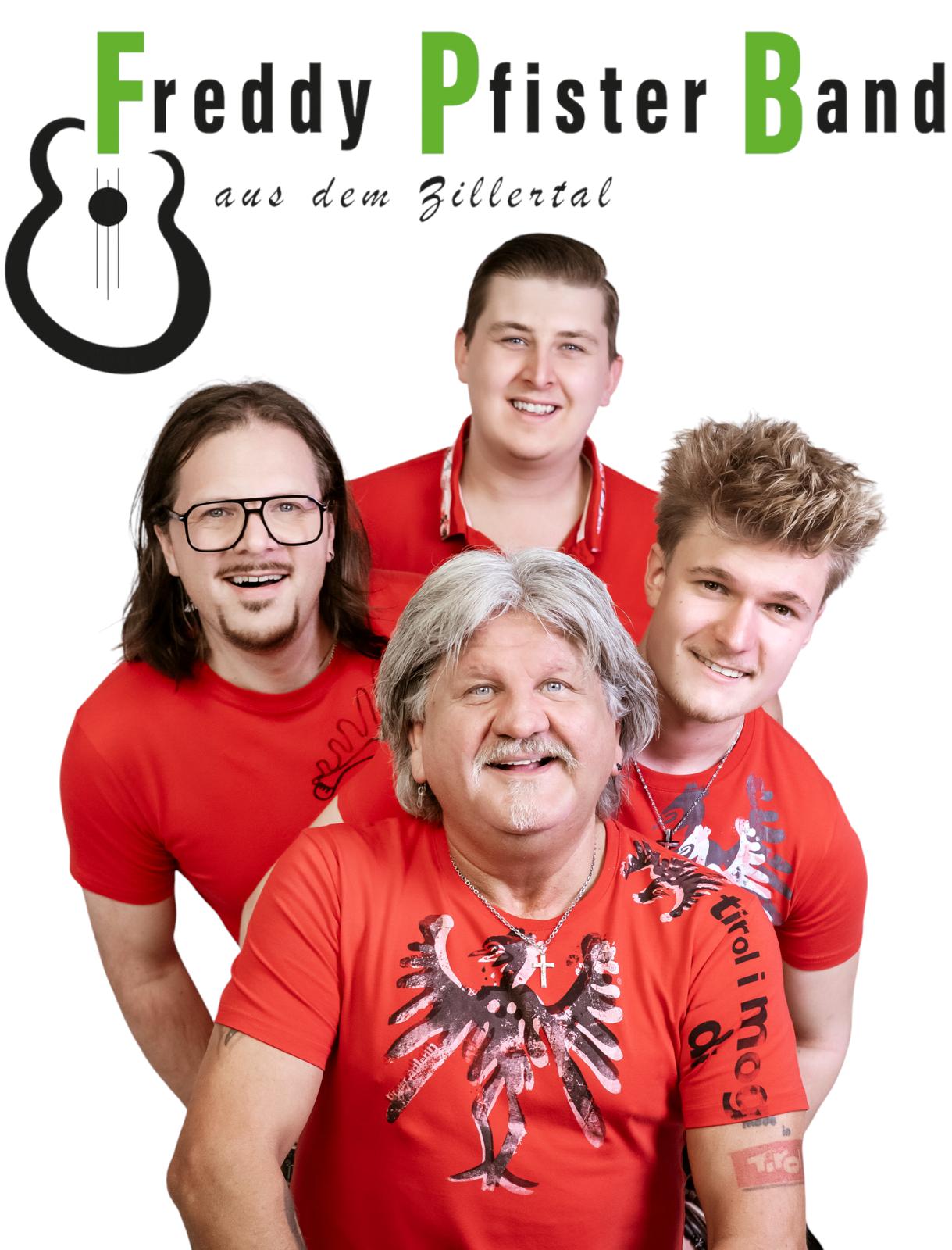 Das Bild zeigt die Musikanten der Freddy Pfister Band und einem Schriftzug oberhalb der Gruppe.