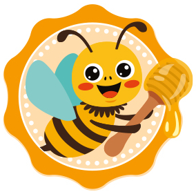 Illustrated badge for the myBauernherbst Adventure 2026. A cheerful bee holds a honey spoon with liquid honey in a yellow-orange seal frame against a white background.