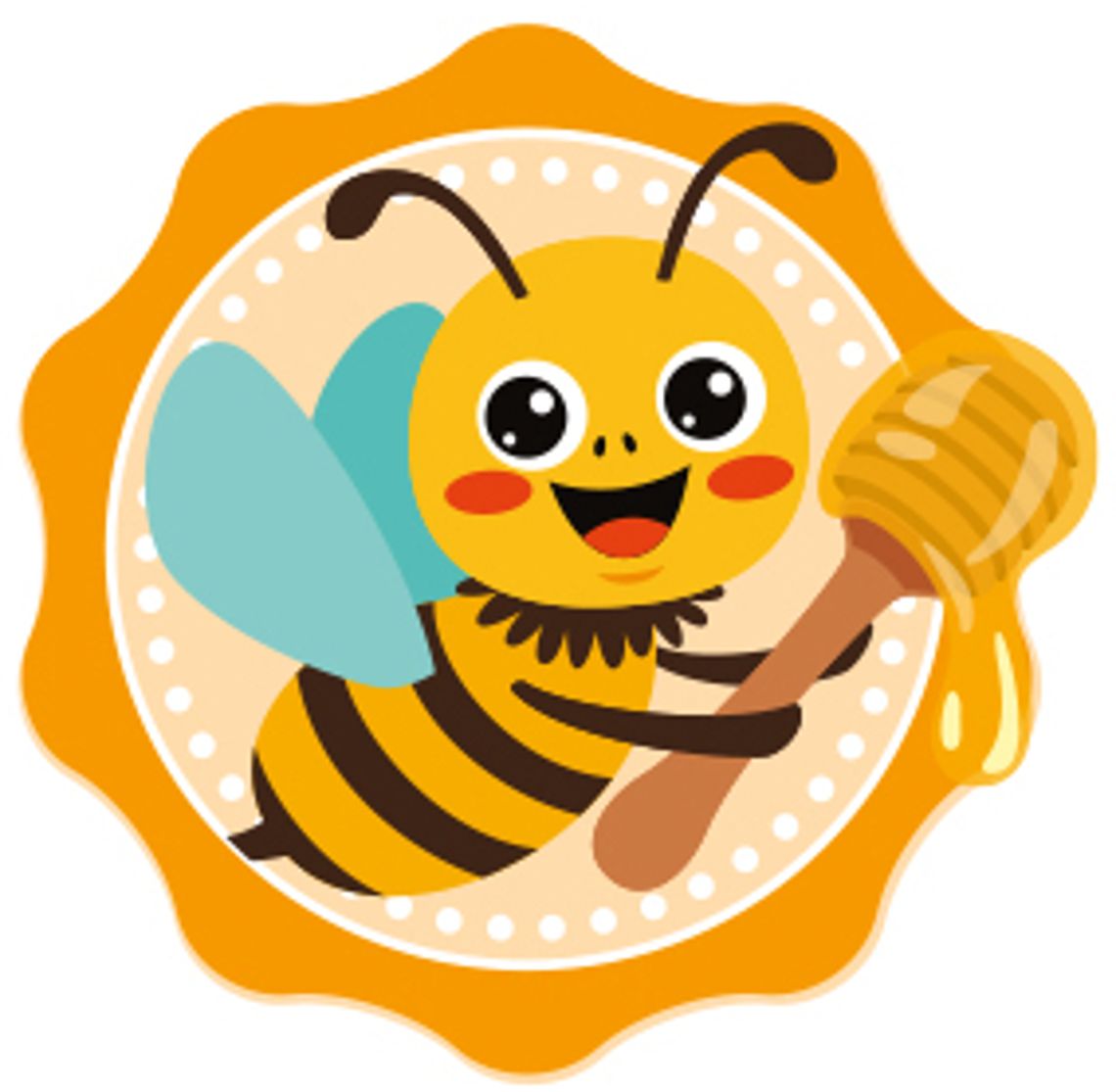 myBauernherbst Adventure 2026 Badge: Bienen-Sammelspaß in Mayrhofen Illustrated badge for the myBauernherbst Adventure 2026. A cheerful bee holds a honey spoon with liquid honey in a yellow-orange seal frame against a white background.