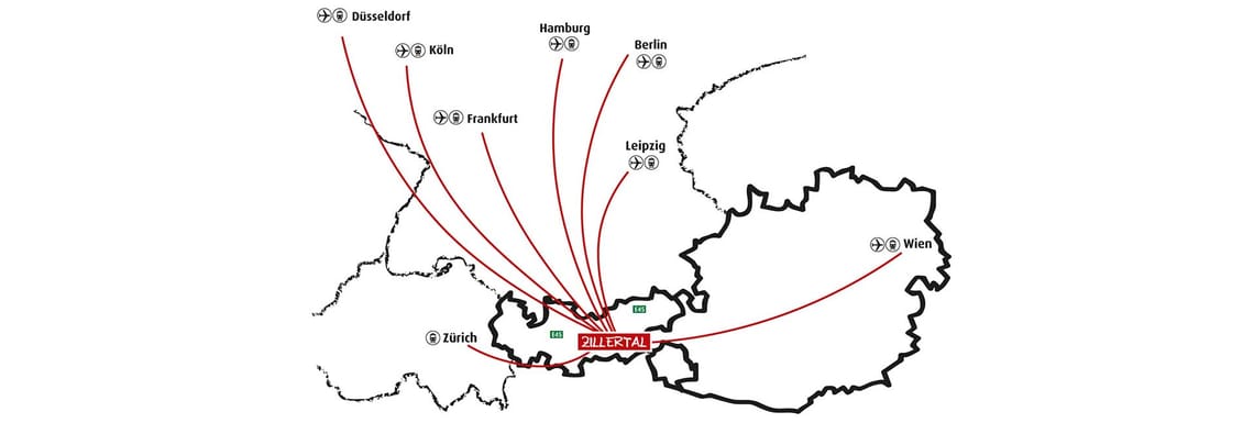Arrival to Mayrhofen-Hippach Vereinfachte Landkarte zeigt Flugverbindungen ins Zillertal. Rote Linien verbinden europäische Städte wie Düsseldorf, Hamburg, Berlin, Frankfurt, Leipzig und Wien mit dem grün markierten Zillertal als Reiseziel.