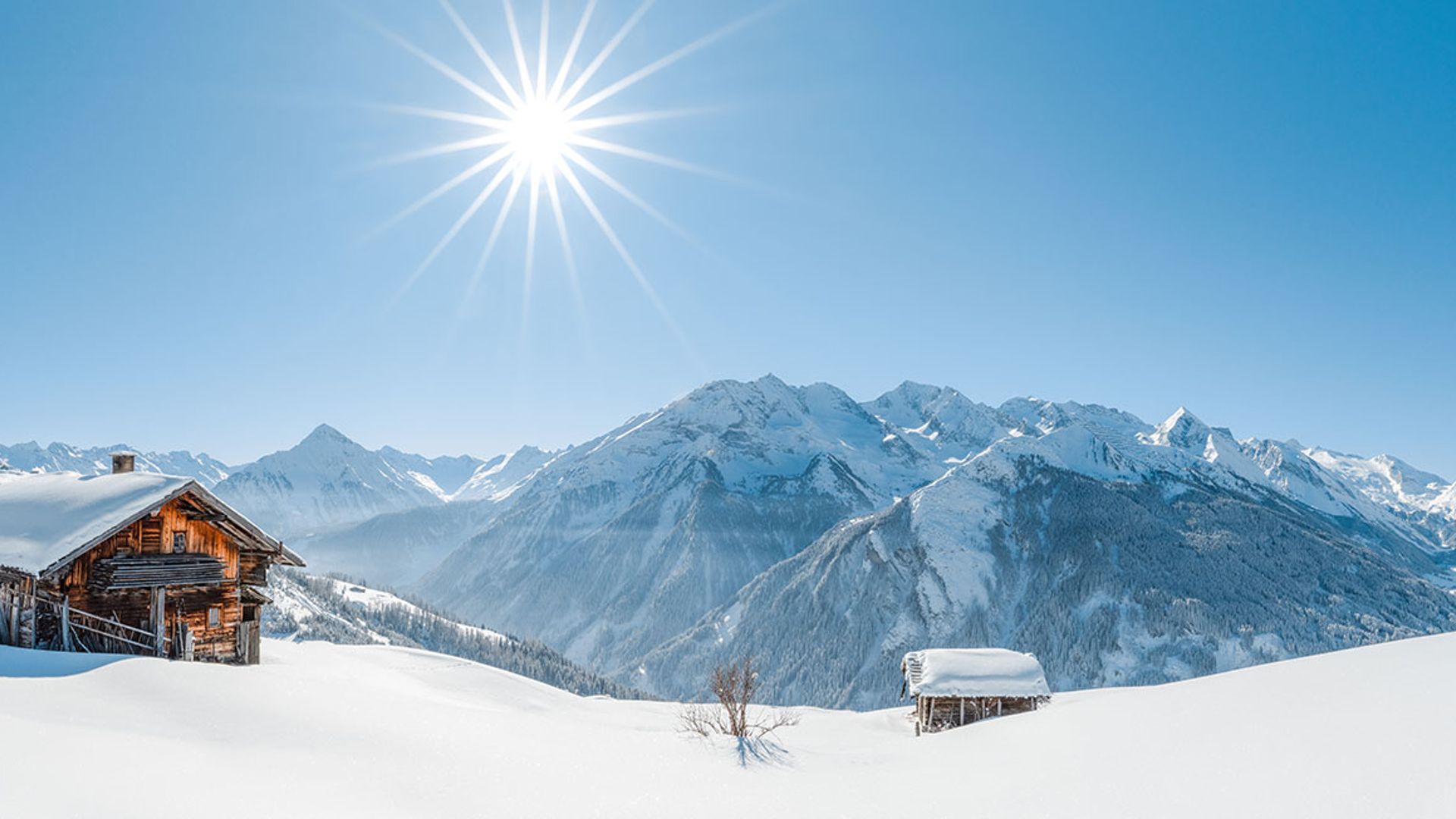 Alpine hut with winter panorama in the Zillertal