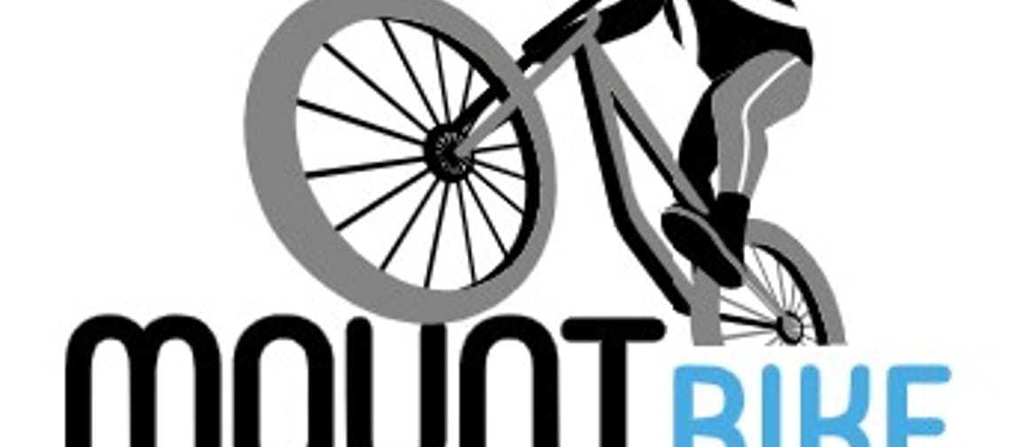 The image shows a logo with a mountain biker in action on a bike, with the front wheel lifted off the ground. The text below reads: "MOUNTBIKE" – with "MOUNT" written in black and "BIKE" in light blue. Below are the terms: EBIKE | RENTAL | ZILLERTAL