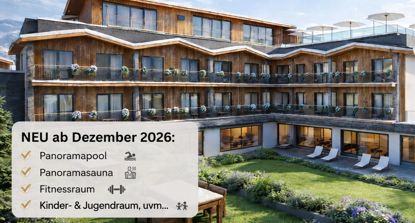 Modernes Hotel mit Holzfassade, Balkon und Garten, mit Ankündigung neuer Angebote ab Dezember 2026.