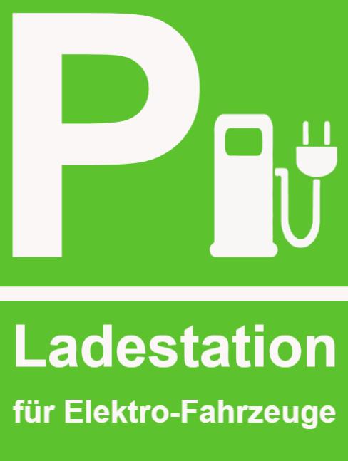 Green sign with a large P, electric vehicle charging station symbol, and text 'Ladestation für Elektro-Fahrzeuge'
