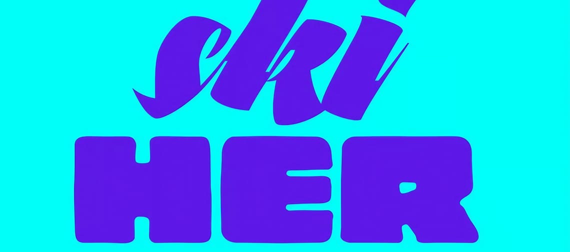The text 'ski HER' in dark letters on a blue background, stylized and modern.