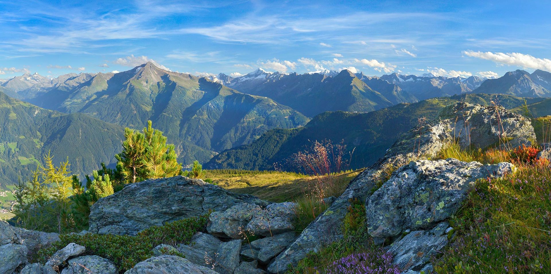 Use the advantages of your guest card Panoramic view of a summer mountain landscape: green meadows, rocks, and scattered trees in the foreground, behind them mighty mountain ranges with snow-capped peaks under a blue sky with light clouds.