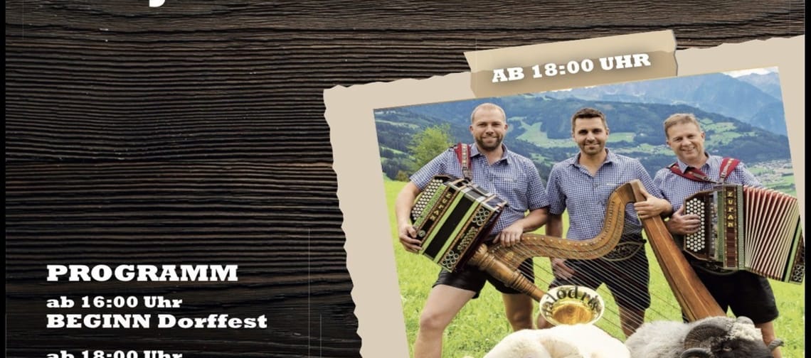 The image is a poster for the village festival in Ramsau im Zillertal. It features a brown background with white lettering and a photo of the band Die Halodris (three men with an accordion and a harp, with two sheep in the foreground).